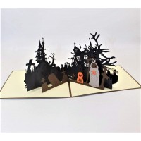 Handmade 3d Pop Up Halloween Card Ghost Town Church Tomb Stone Graveyard Haunted House Spider Web Bat Witch Broom Grim Reaper Gothic Party Invitation
